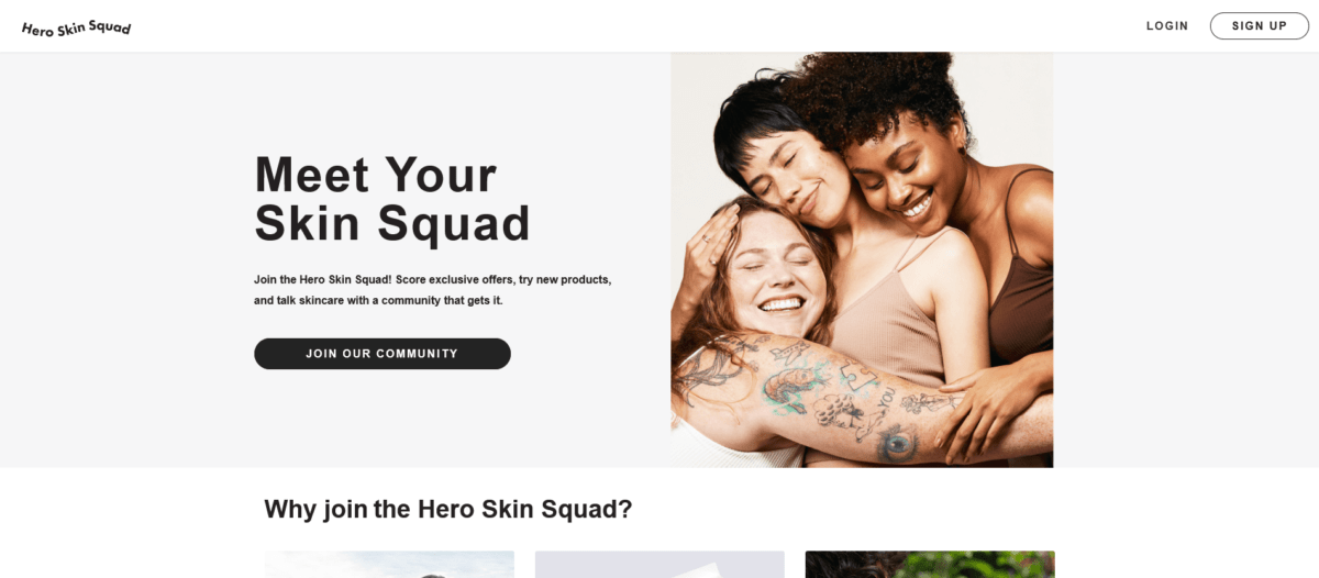 Hero skin squad home page screen shot. 